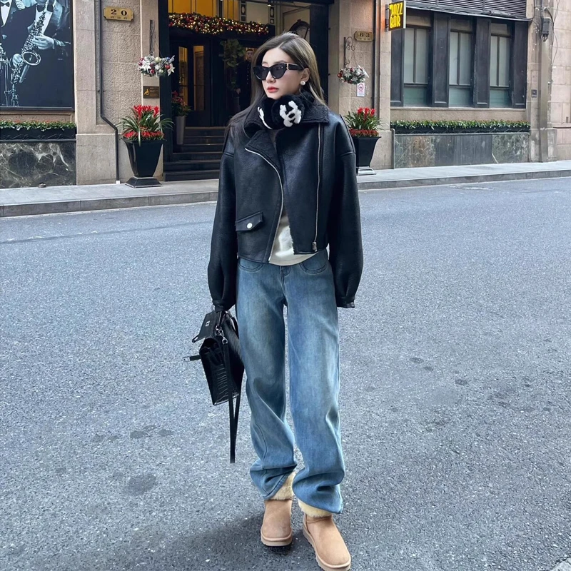 进店B败-时髦高腰阔腿牛仔裤女宽松显瘦加绒高个子加长直筒裤春秋