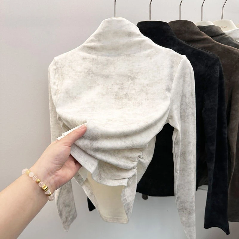 复古小众半高领扎染德绒长袖秋冬修身T恤女褶皱收腰洋气韩版内搭
