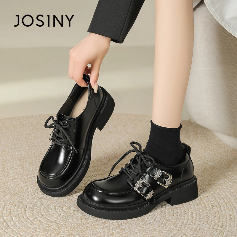 卓诗尼黑色厚底百搭英伦风小皮鞋女春秋新款圆头学院风系带乐福鞋