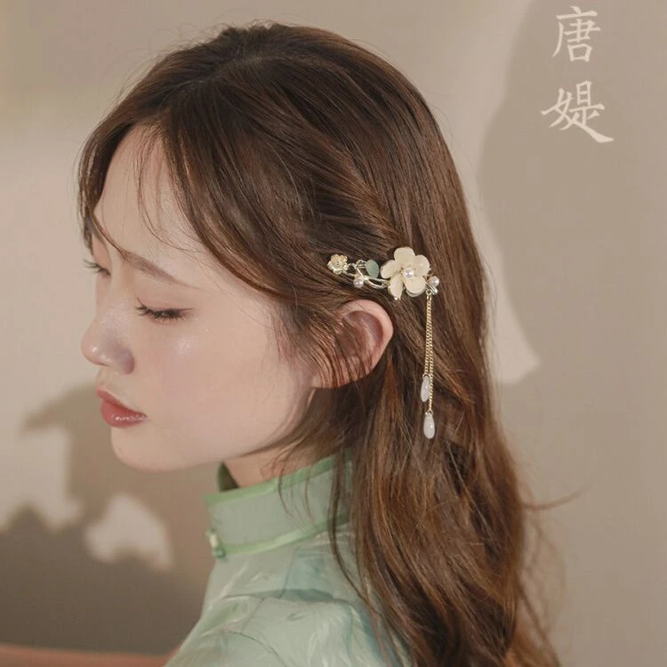 玉兰花流苏发夹女侧边刘海夹高级感鸭嘴夹古风汉服旗袍新中式发饰