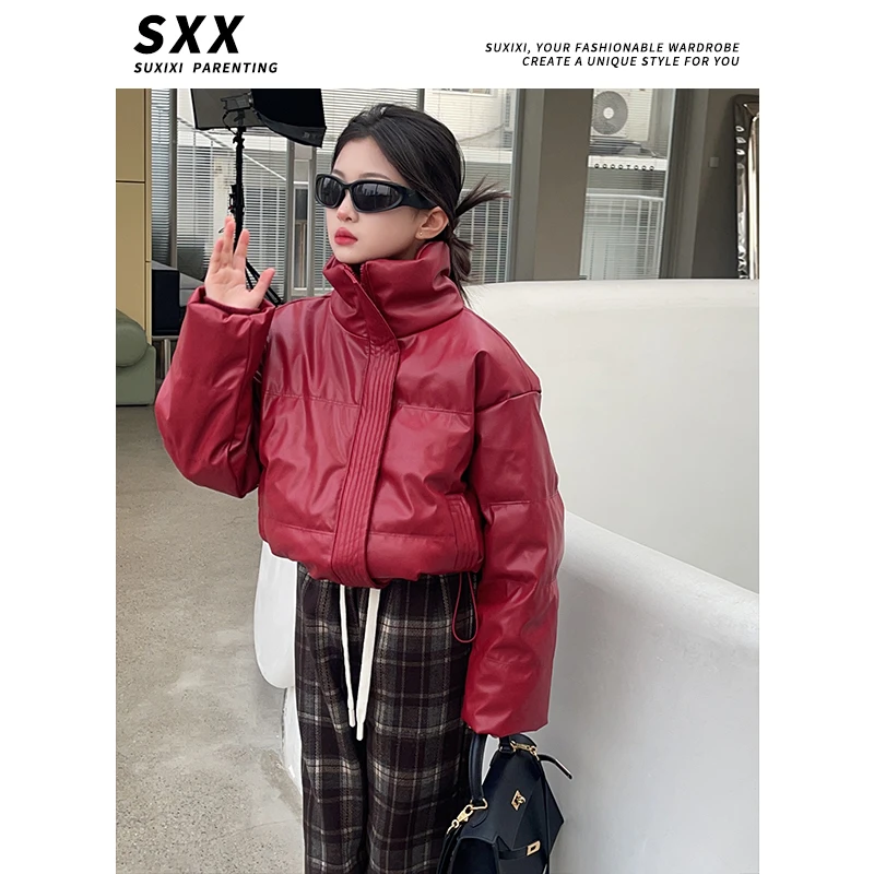 【LUCY定制】《免洗羽绒服》中大童网红皮衣短款白鸭绒羽绒服红色