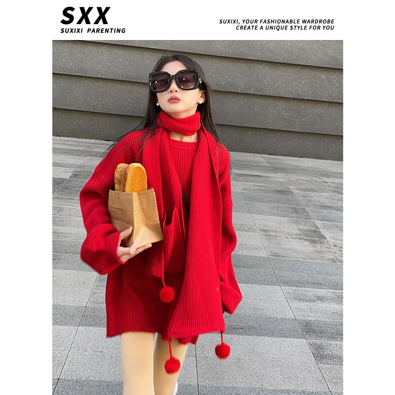 【LUCY定制】女童2023秋冬毛衣红色新年喜庆衣服拜年衣服针织打底衫