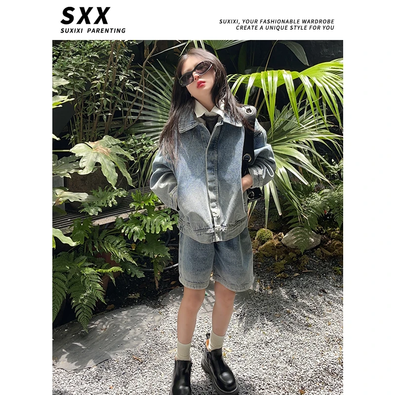 【现货】牛仔套装2023秋季新款洋气长袖外套短裤韩范网红女童
