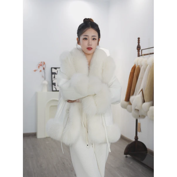 6121双面呢羊毛大衣狐狸毛皮草外套2023秋冬新款白鹅绒女羽绒服