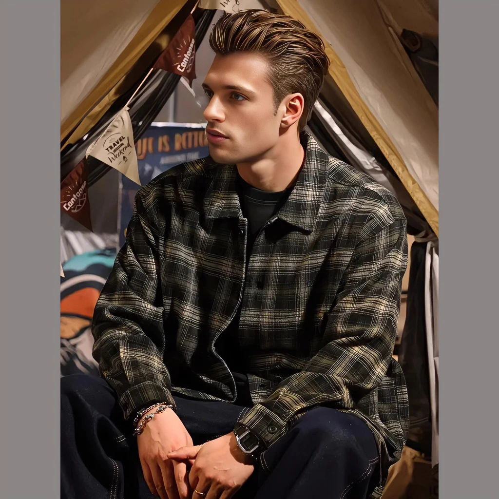 季毛呢格子衬衫外套男士2024新款美式复古纯棉外穿工装长袖衬衣潮