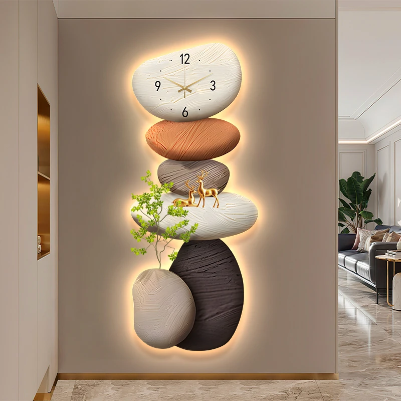 石来运转入户玄关装饰画带钟表氛围画走廊尽头电视墙好寓意挂画