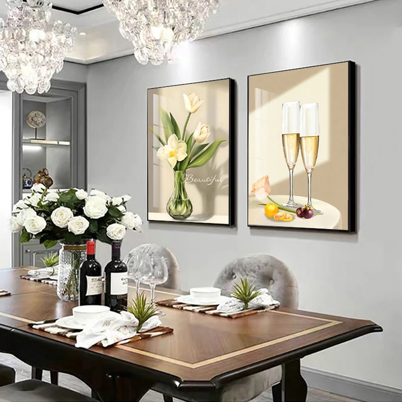 餐厅装饰画现代简约风格晶瓷画轻奢两联挂画饭厅背景墙面装饰壁画
