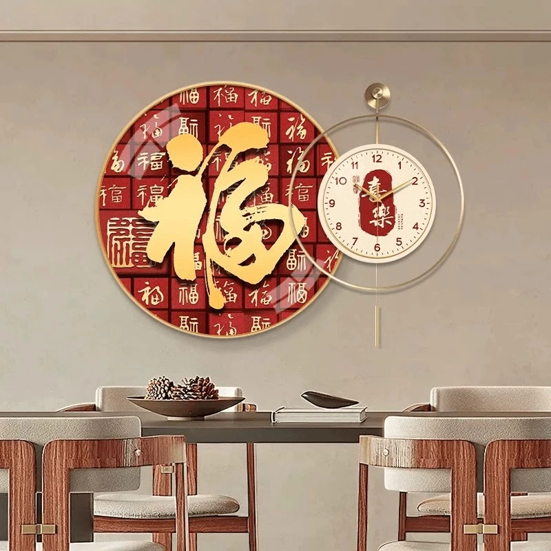 新年福字餐厅装饰画钟表挂钟客厅2025新款百福图茶室创意艺术时钟
