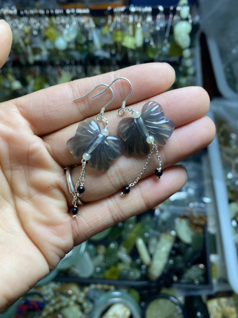 天然玉石水墨蝴蝶耳环（天然玉石每一个墨深、淡不一样属于正常