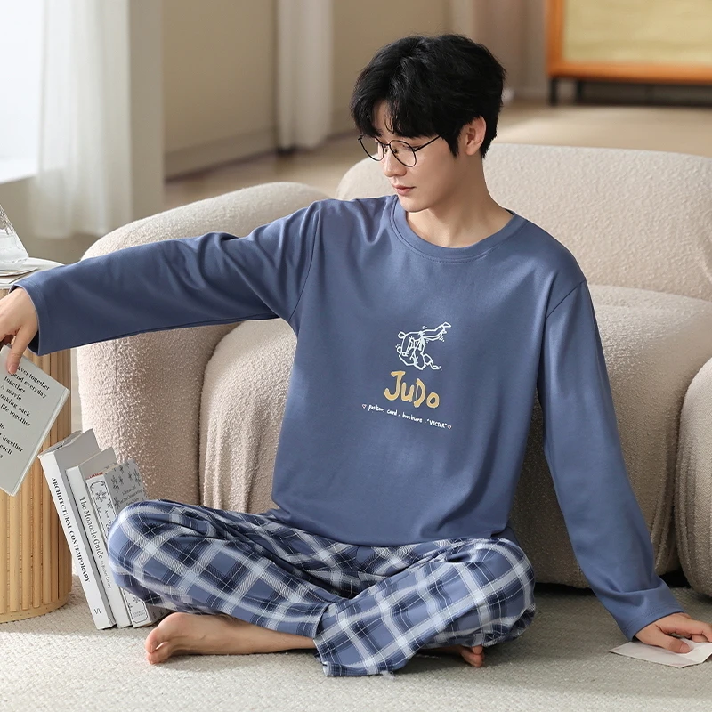 春秋季睡衣男士纯棉圆领套头长袖大码休闲青少年学生家居服套装
