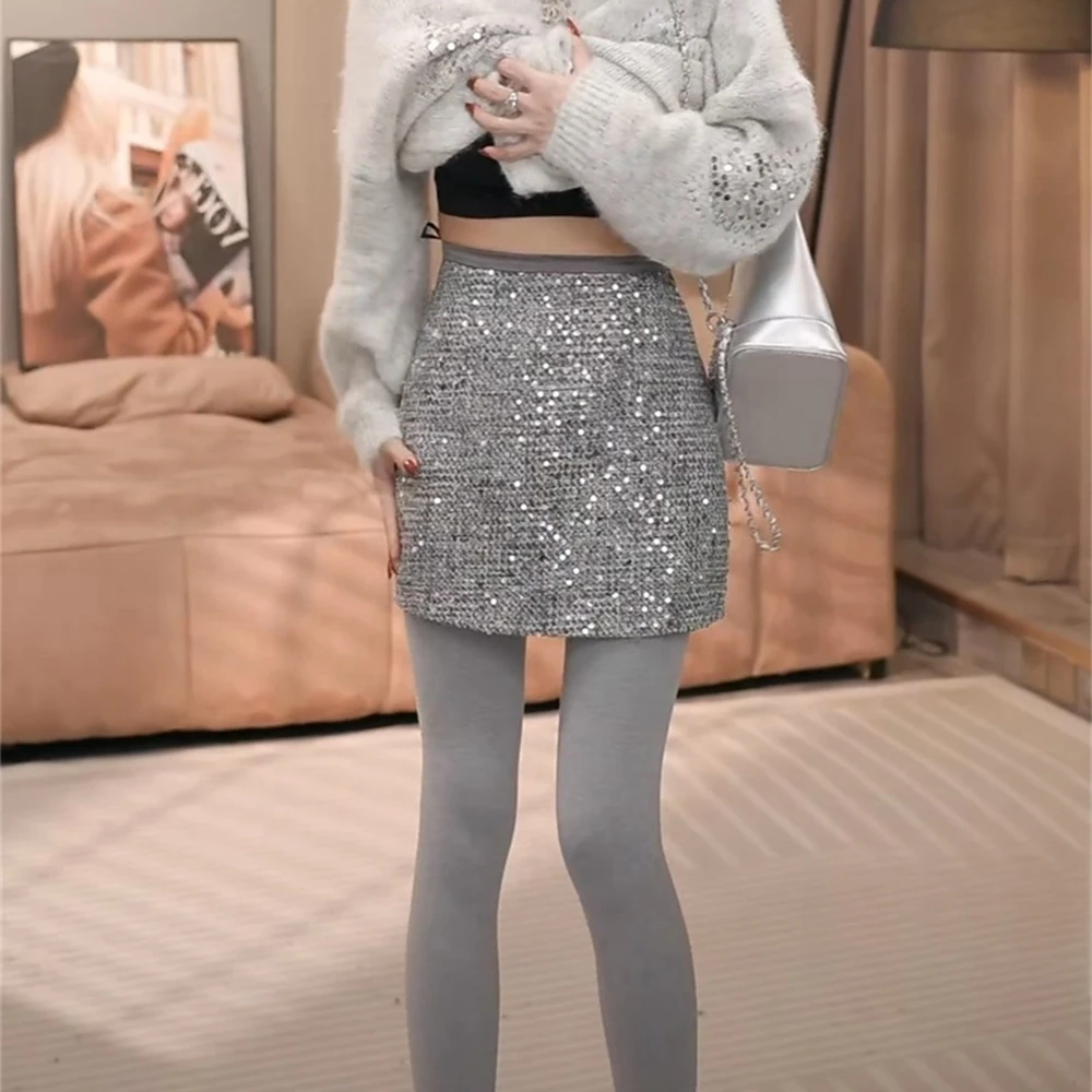毛呢亮片半身裙女秋冬辣妹设计感高腰显瘦时尚闪闪a字包臀短裙子