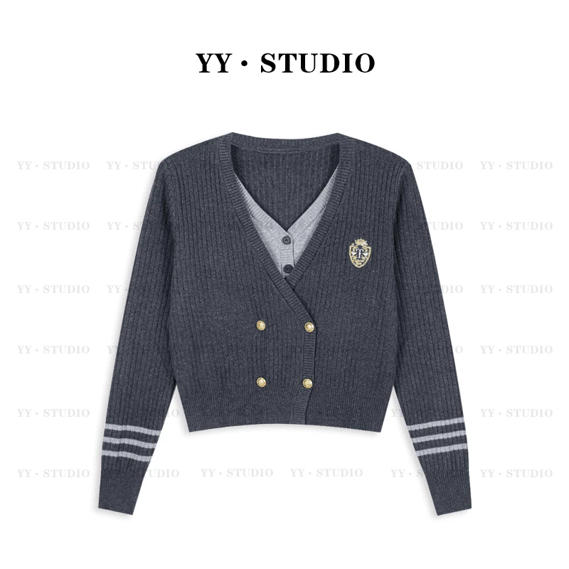 小香风假两件针织开衫毛衣外套女秋冬季新款学院风设计感显瘦上衣