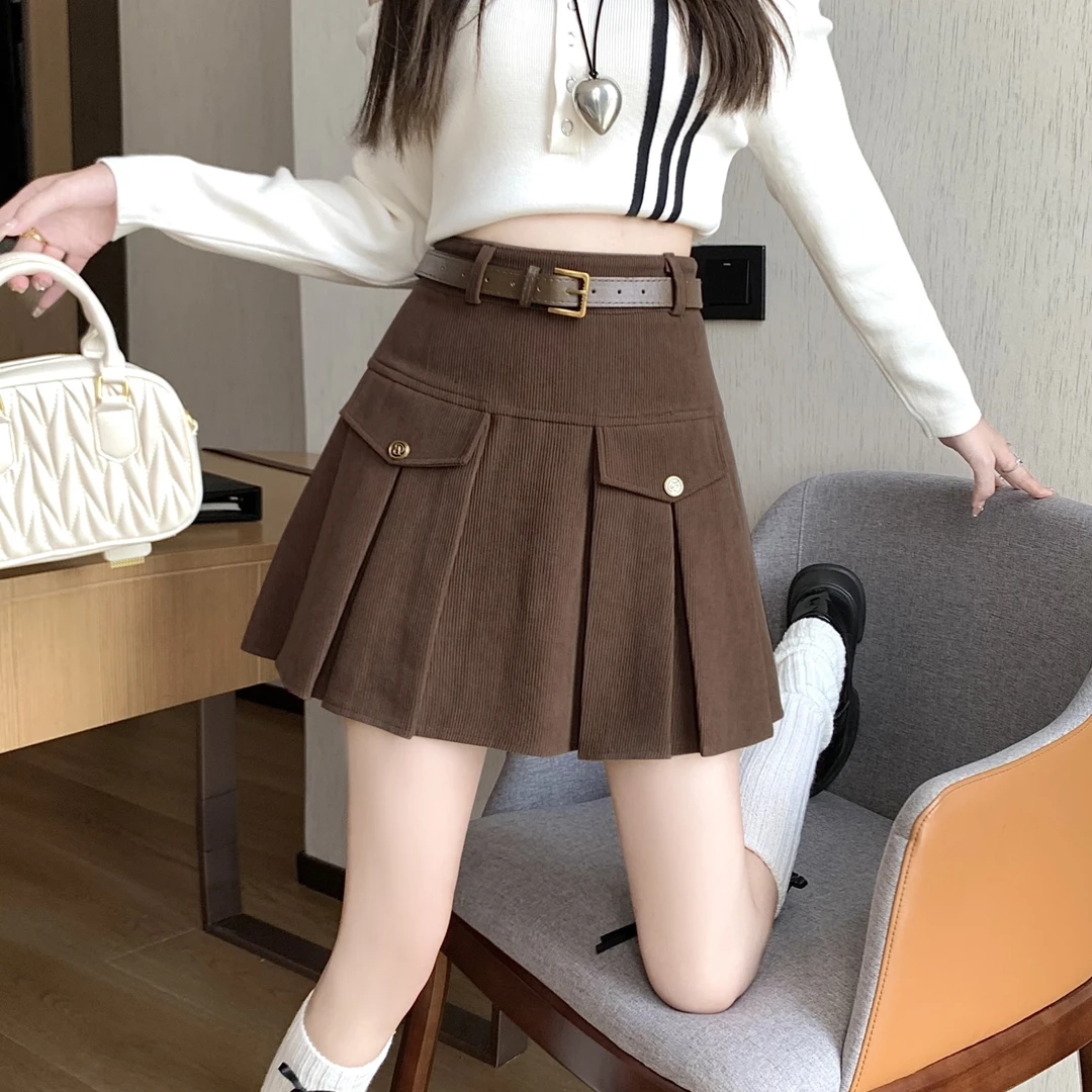 韩版学院风高腰小个子灯芯绒百褶裙女秋冬美拉德半身裙显瘦短裙