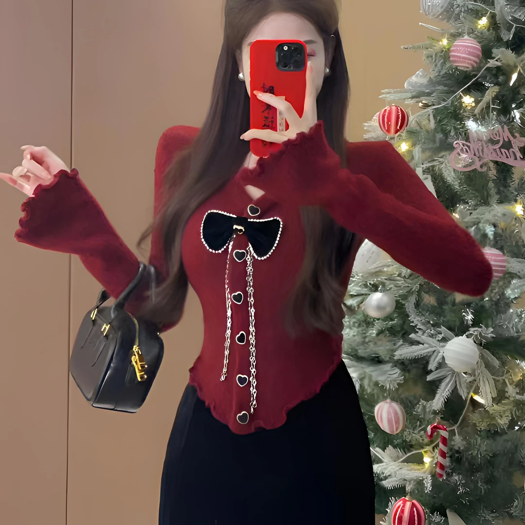 网红时尚V领蝴蝶结显瘦小香风毛衣女秋冬修身短款打底长袖针织衫