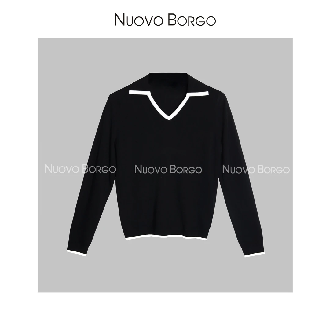 NuovoBorgo X20/23079 【温婉】扬子纱撞色V领针织衫羊毛衫修身显瘦