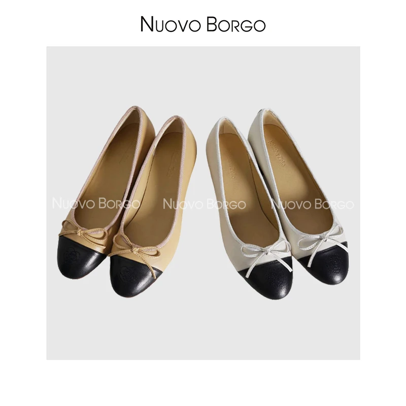 Nuovo Borgo X76/6248 小香风蝴蝶结真皮拼色懒人一脚蹬中跟女鞋