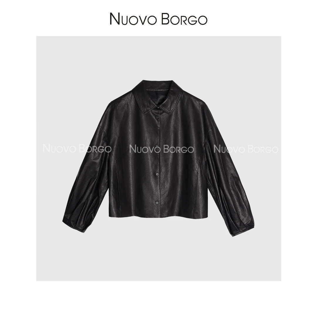 Nuovo Borgo G78/53029 宽松版灯笼袖简约真皮皮衣翻领黑色小外套