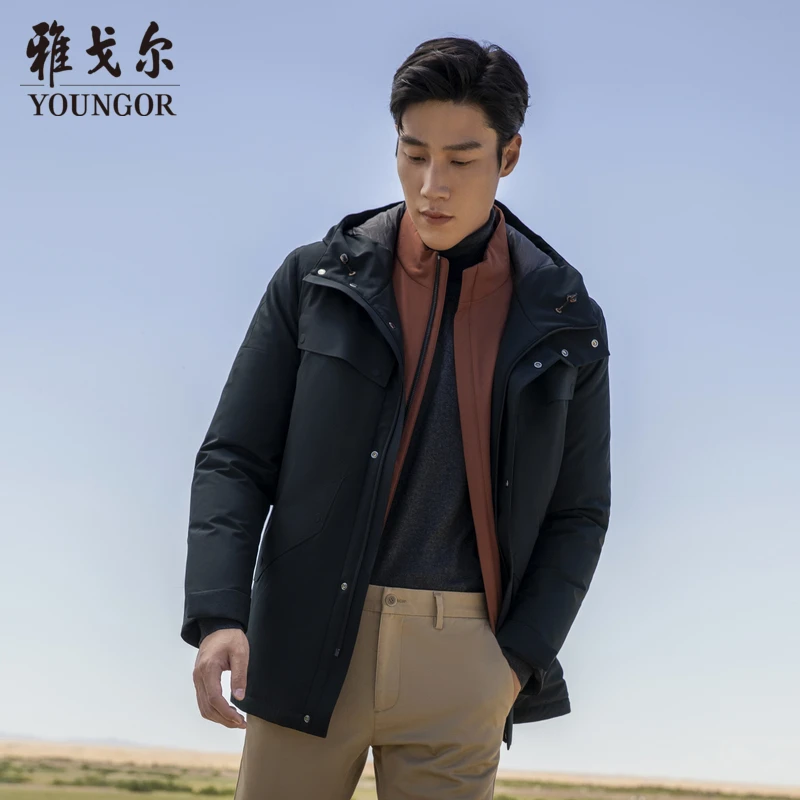 雅戈尔冬季新款男士户外中长款连帽保暖男款休闲加厚外套439981