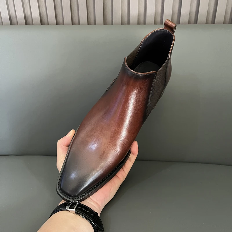 英伦切尔西短靴男士真皮百搭潮流小方头秋冬保暖扁头时尚韩版皮靴