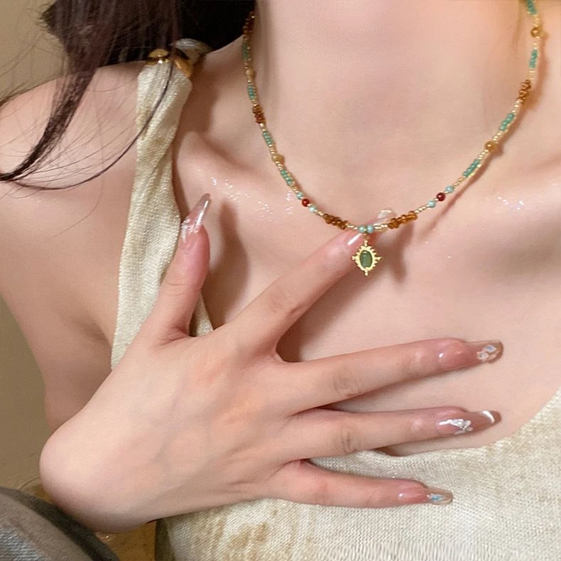 合金项链 梦入敦煌！复古串珠项链女小众设计感多巴胺彩色锁骨链