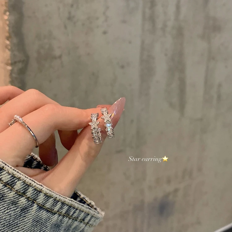 合金耳饰 【蜜桃茶】元气欧尼 星星锆石耳圈女新款潮耳环精致高级感