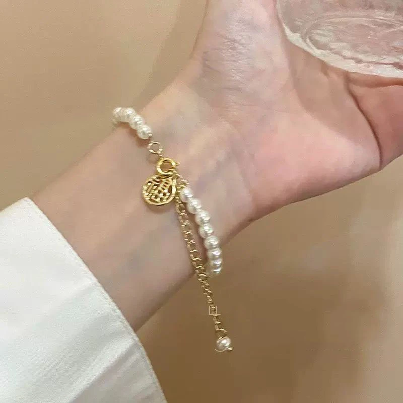 合金手链 复古珠珠手链女高级感轻奢福字串珠手串百搭辣妹手饰品