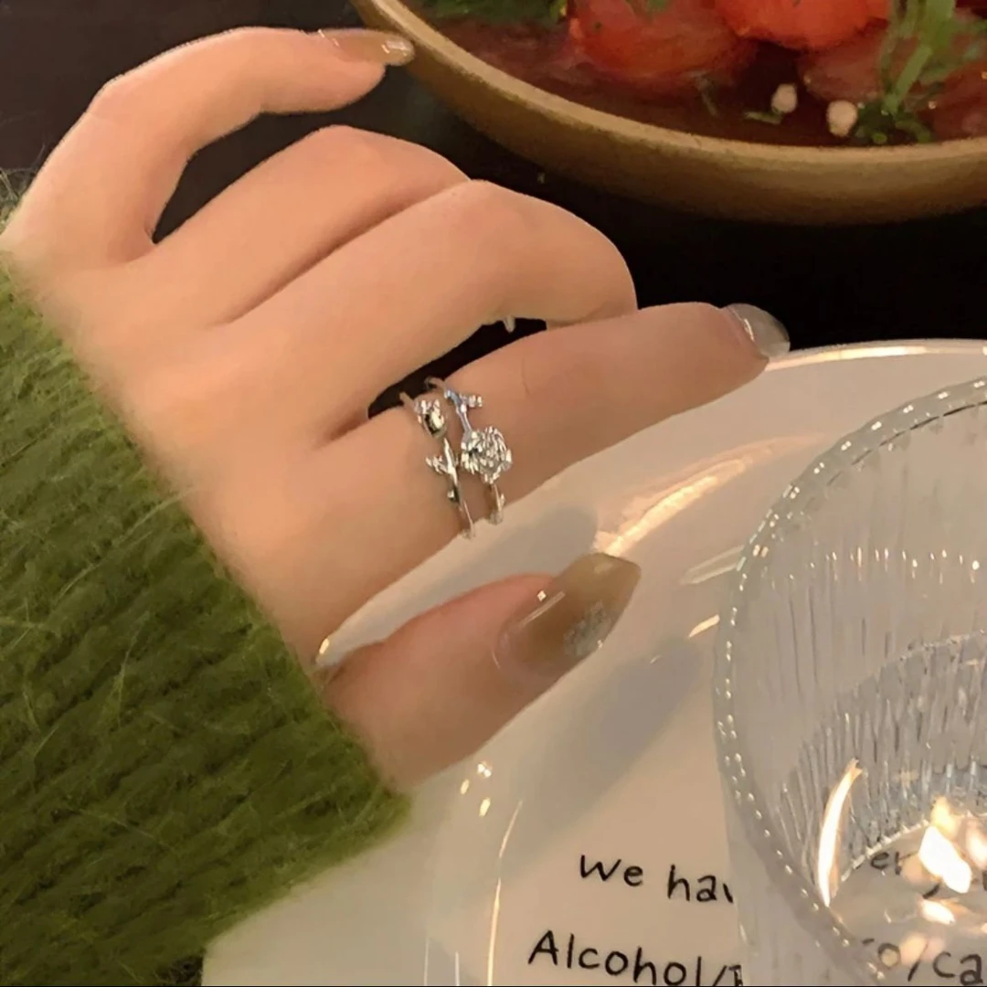 合金戒指 小众不撞款玫瑰郁金香花戒指开口双层独特百搭银色指环