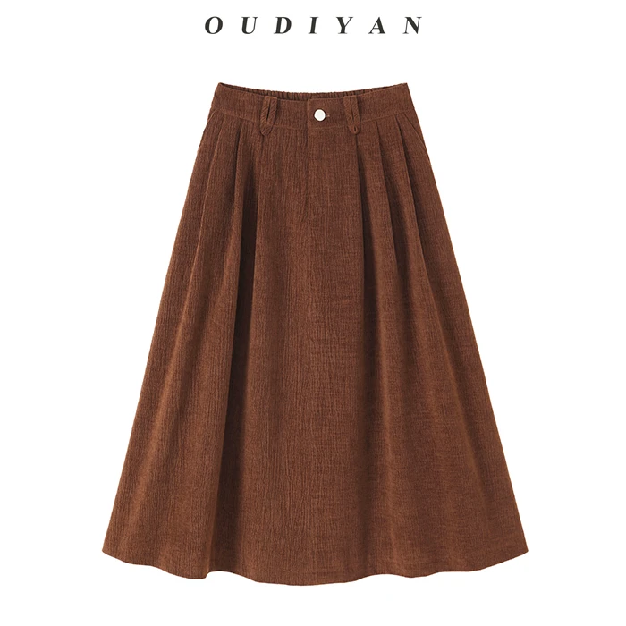 OUDIYAN | 小个子高端女装 秋冬高腰休闲中长款灯芯绒半身裙