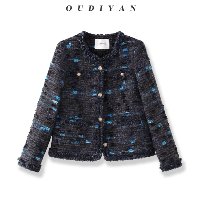 OUDIYAN | 小个子高端女装 设计师款羊毛蓝色气质短款小香风外套