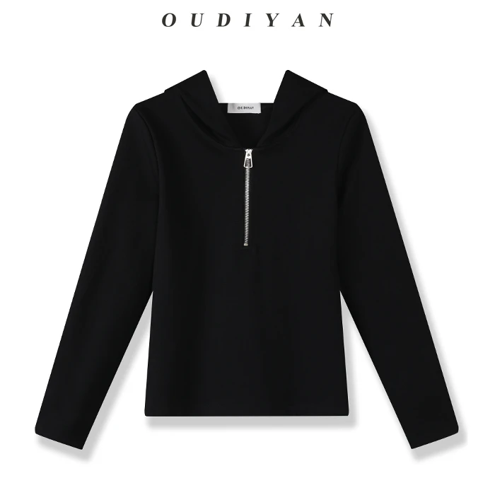 OUDIYAN | 小个子高端女装  秋季休闲百搭套头长袖半拉链连帽卫衣