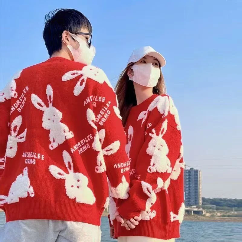 秋冬红色毛衣加厚保暖短裤针织衫圆领韩版情侣穿往后秋日情侣