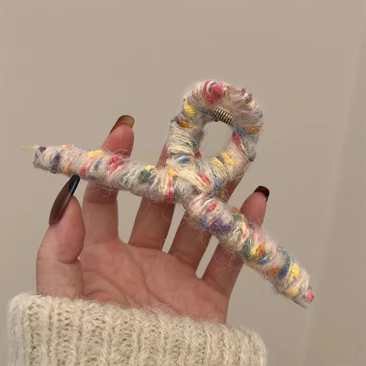 简约秋冬纯大号法式彩色毛线缠绕抓夹vintage发抓女鲨鱼夹毛绒绒