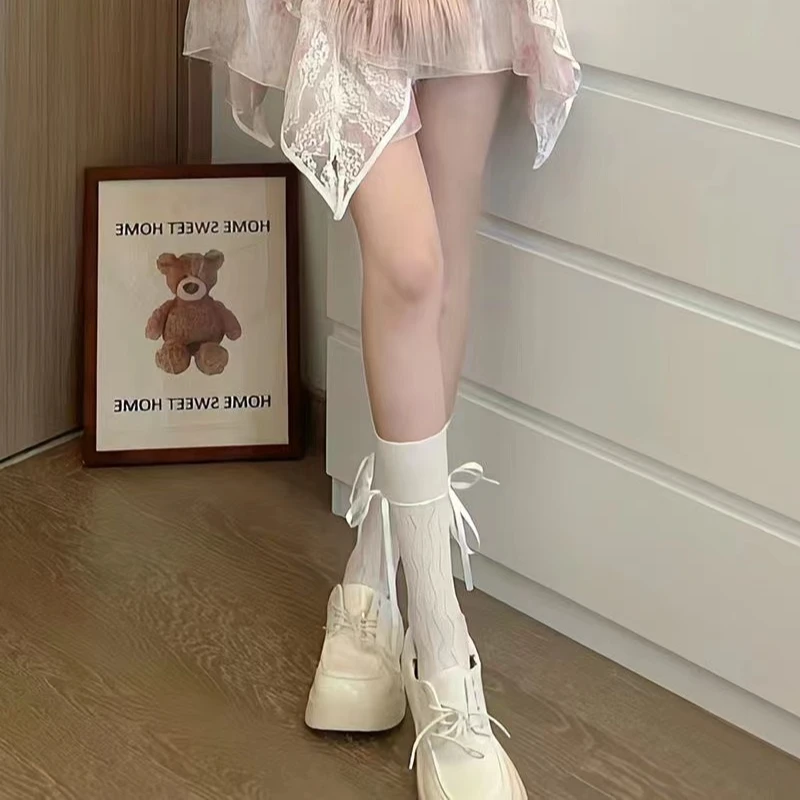 丝带袜甜美风绑带中筒袜时尚百搭网红款潮袜学院风简约堆堆袜子女