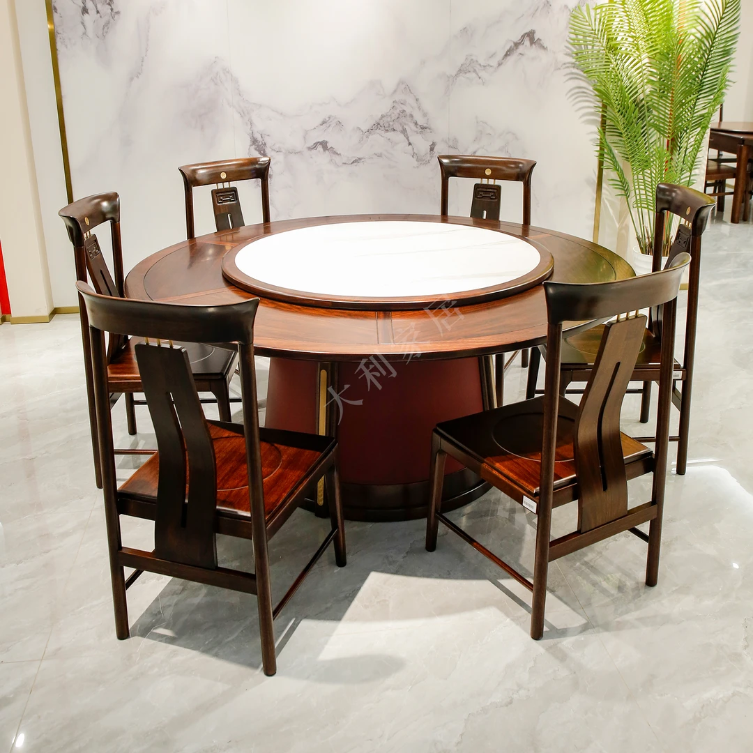 （大利家具）SMJN-T9813黑檀木圆餐桌9812餐椅圆桌高端两用转盘餐台
