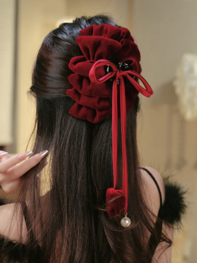 流苏丝绒大号抓夹女发量多发卡夹子头饰2023新款高级感后脑勺发夹