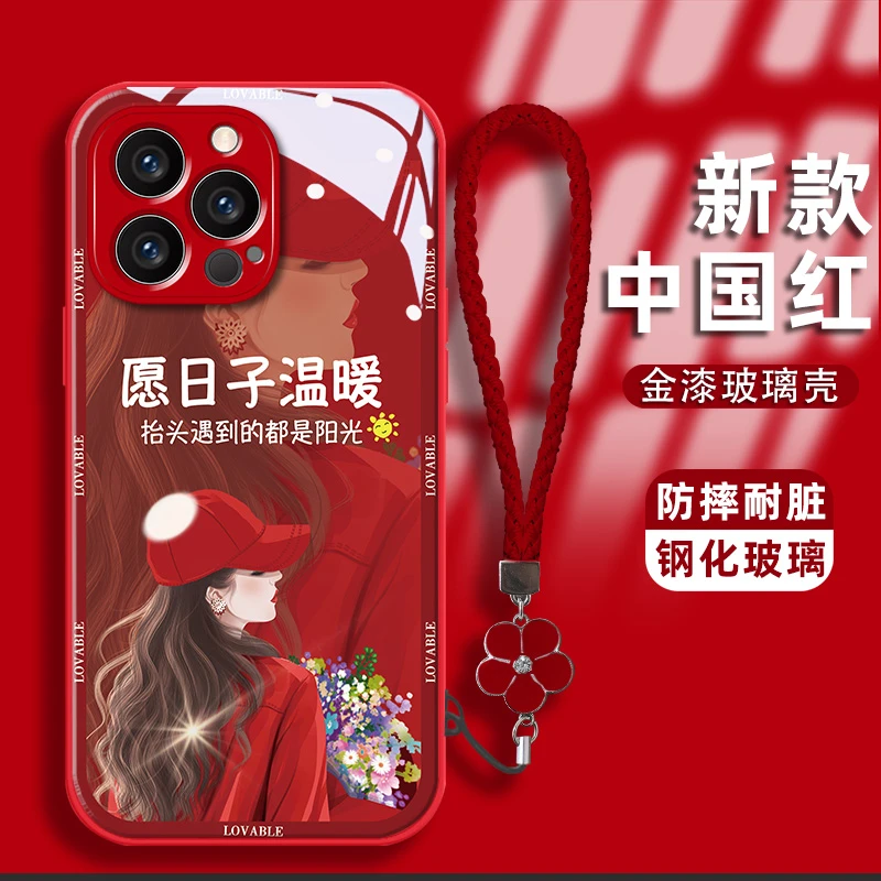 适用苹果13pro手机壳卷发女孩金漆钢化玻璃壳镜头全包耐脏保护套