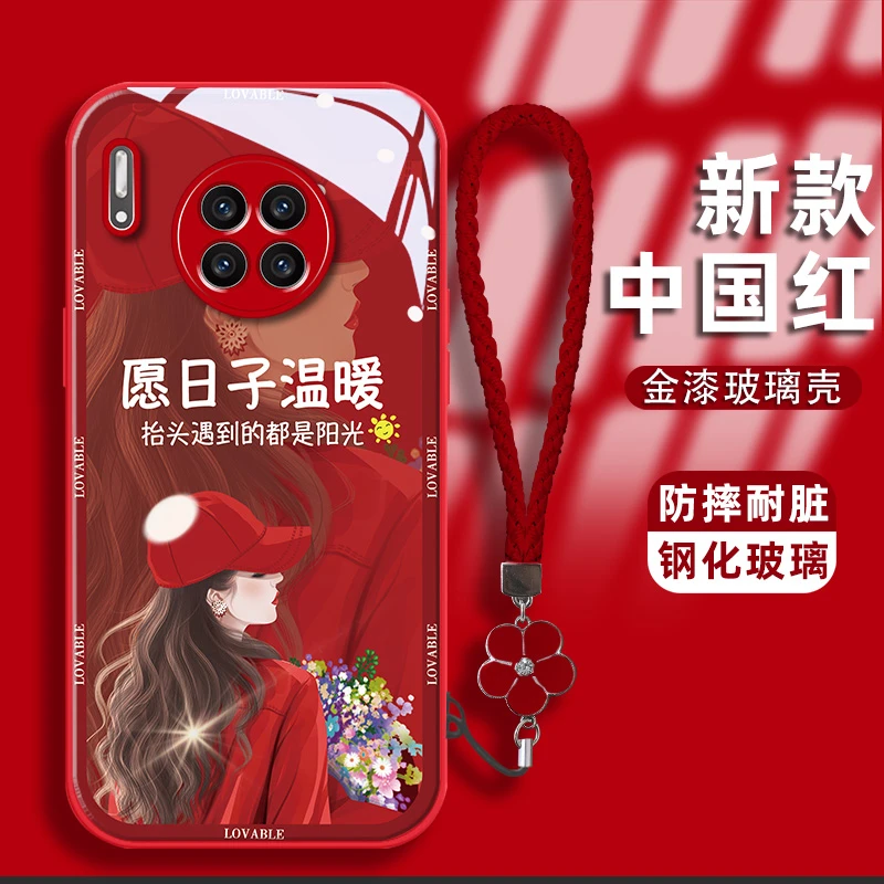 适用华为mate30pro手机壳卷发女孩金漆钢化玻璃壳镜头防摔保护套