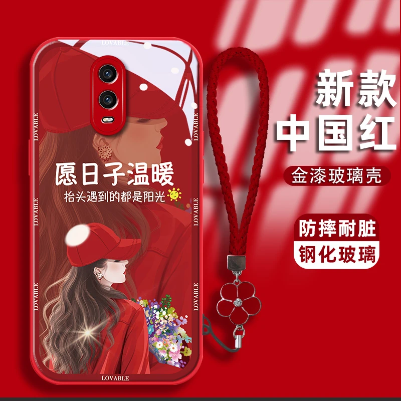 适用oppor17手机壳卷发女孩金漆钢化玻璃壳镜头全包耐脏保护套