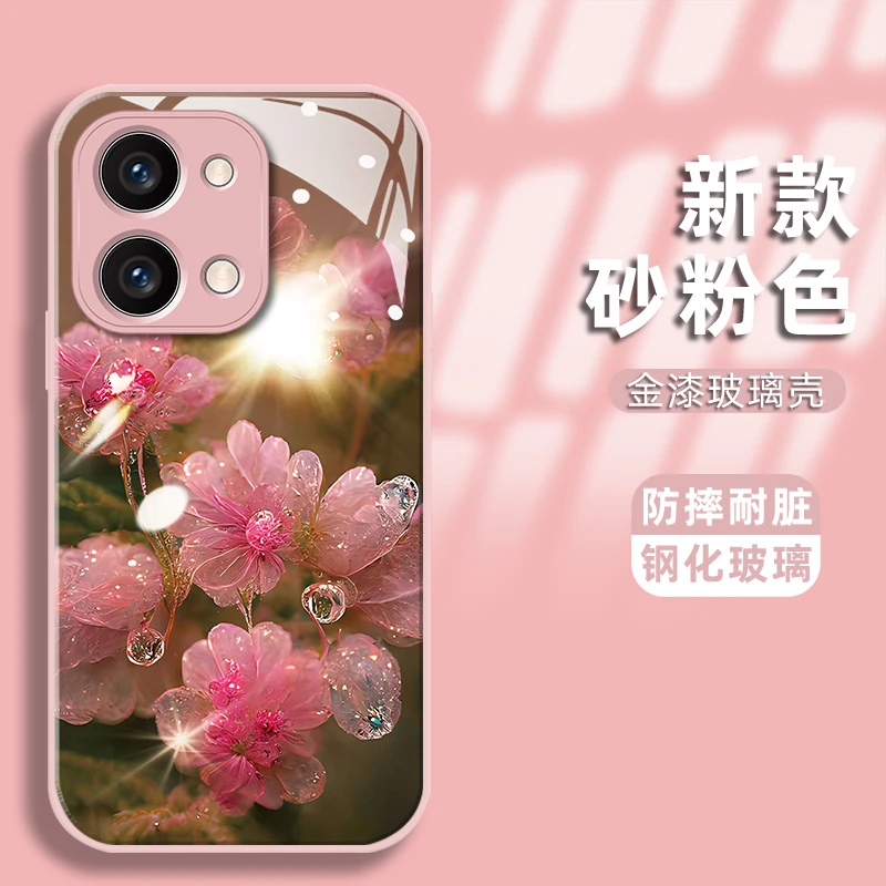 适用opporeno9手机壳水晶花金漆钢化玻璃壳镜头全包防摔保护套