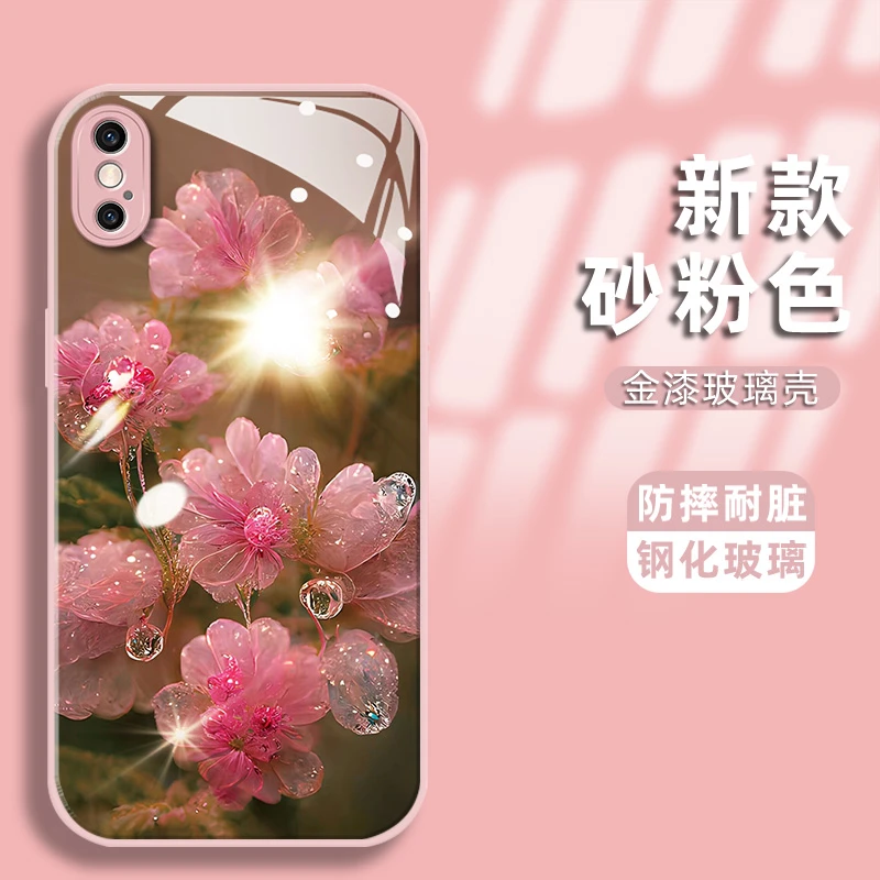 适用苹果xsmax手机壳水晶花金漆钢化玻璃壳镜头全包防摔保护套