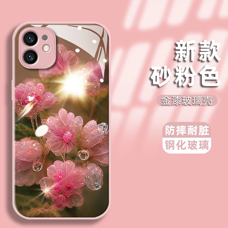 适用苹果12手机壳水晶花金漆钢化玻璃壳镜头全包防摔保护套