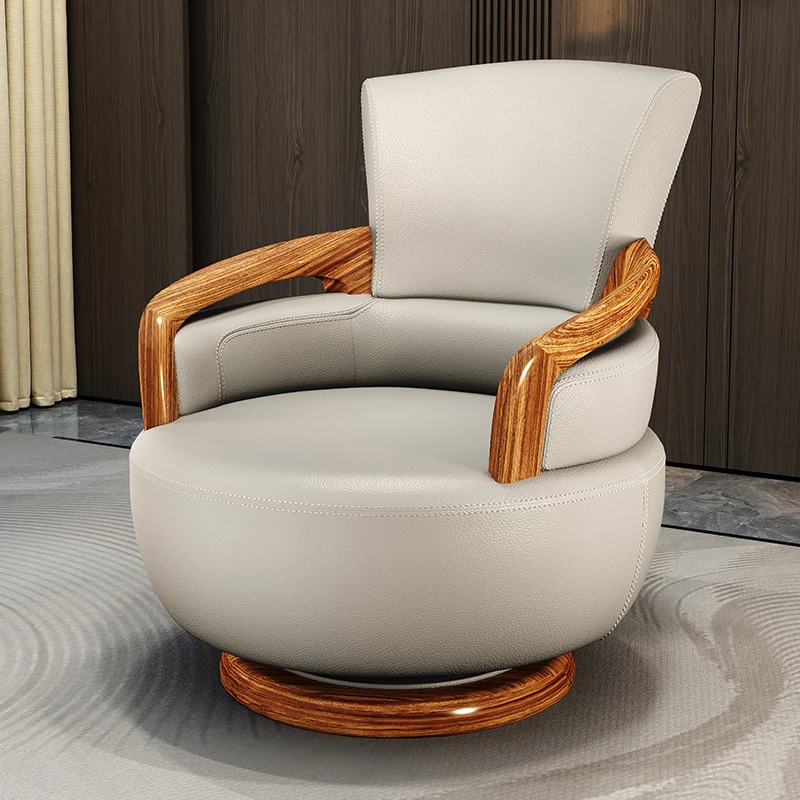 乌金木新中式休闲转椅实木真皮单人椅设计师单人沙发高背椅老虎椅