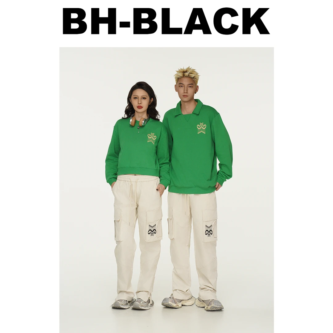BH-BLACK 390克毛圈艾德莱斯花纹翻领刺绣卫衣基础款宽松卫衣