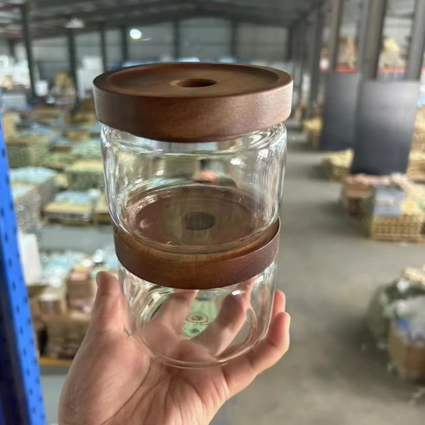 【希乐扣自营】两只相思木盖子350ML储物罐密封罐茶叶罐高硼硅玻璃