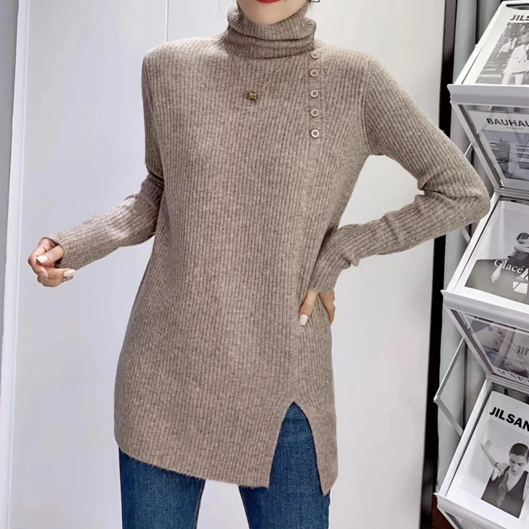 开叉高领打底衫女秋冬季坑条毛衣修身百搭半高领中长款高领毛针织