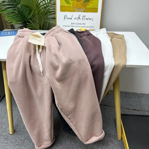 东大门韩版加绒阔腿卫裤女高腰甜美百搭可爱小个子休闲哈伦裤