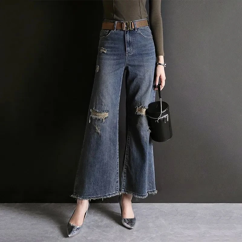 阔腿牛仔裤女2024新款春喇叭女裤显瘦高腰宽松直筒破洞牛仔裤女