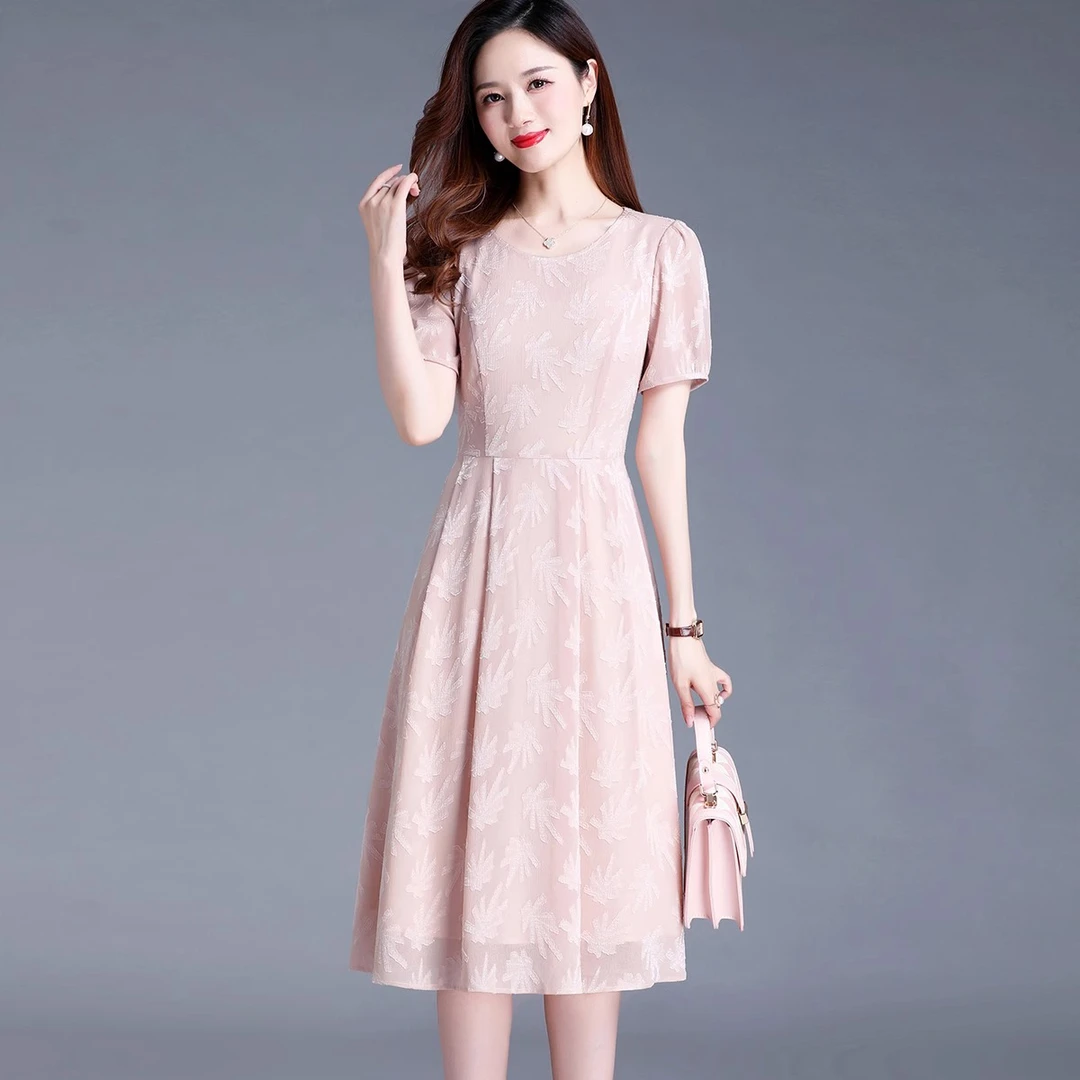 烧花短袖连衣裙女优雅夏季新款修身显瘦裙子时尚夏休闲洋气衣服女