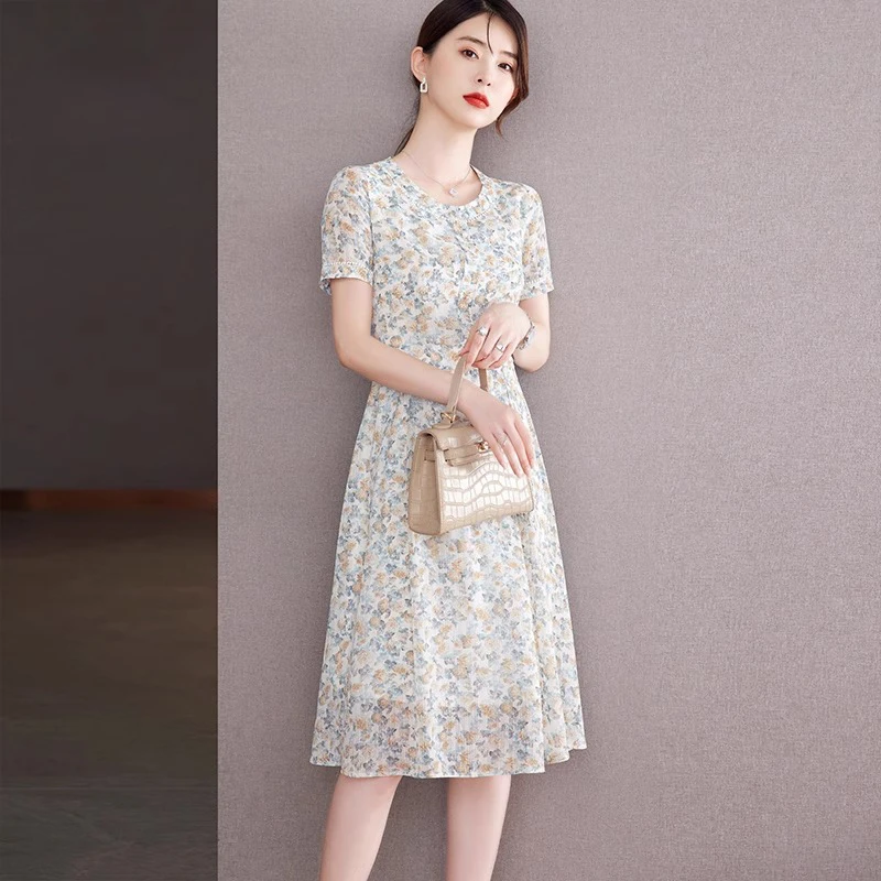 连衣裙蓝色雪纺连衣裙女新短袖气质百搭显瘦a字裙蕾丝洋气衣服女
