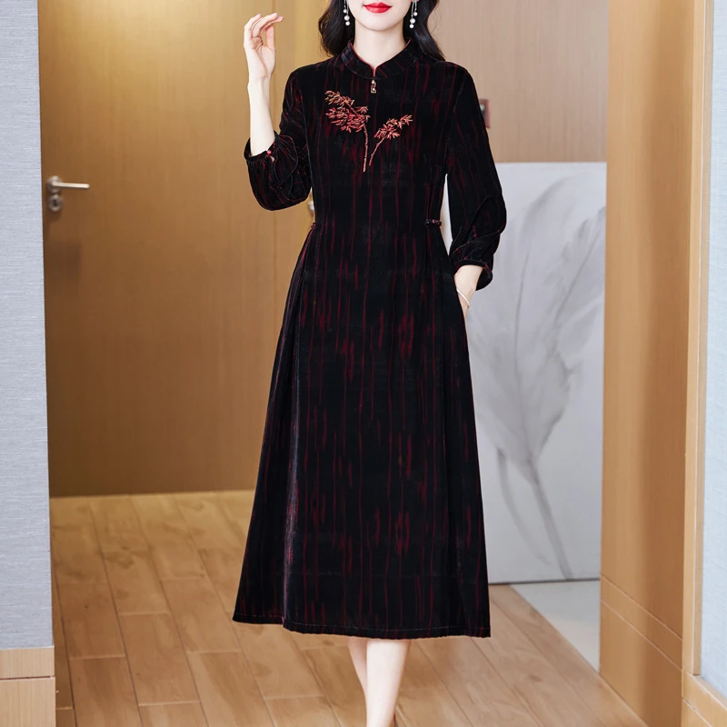 真品桑蚕丝绒连衣裙气质高端大码婚宴礼服喜婆时尚妈妈定制装中年
